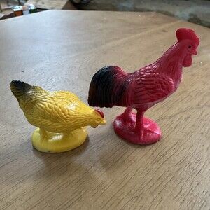 Mini Vintage Plastic Yellow Chicken & Red Rooster Figures Resin 1.5”